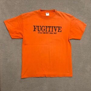 VTG We Fugitive You Never Saw Me Graphic T-Shirt Orange Mens L Faded Distressed
